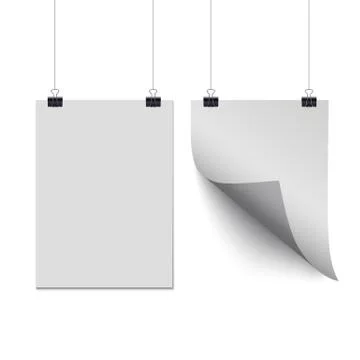 White paper sheets hanging on paper clips isolated on transparent background Stock Illustration