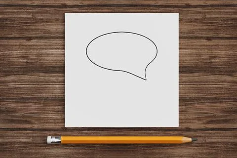 White Paper with Speech Bubble and Pencil on a Wooden Desk. 3d Rendering Illustrazione stock