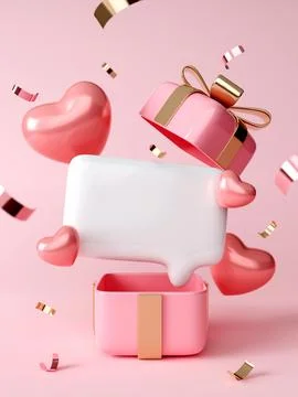 White Paper Speech Bubble With Pink Hearts with gift box open. Valentine's day Illustrazione stock
