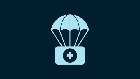 White Parachute with first aid kit icon isolated on blue background. Medical Stock Footage 230025936