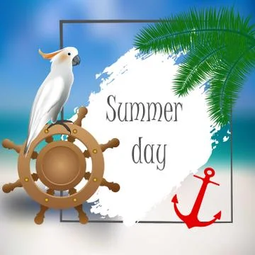 White parrot, helm, anchor. Sample text. 스톡 일러스트