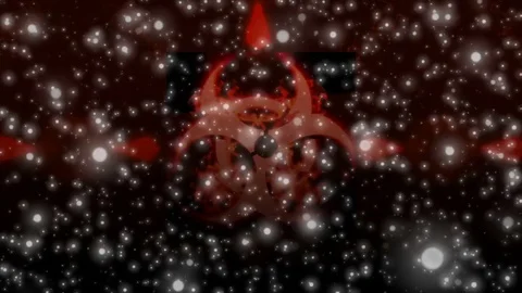 White Particles and Red Biohazard Sign Stockbeeldmateriaal 83528246
