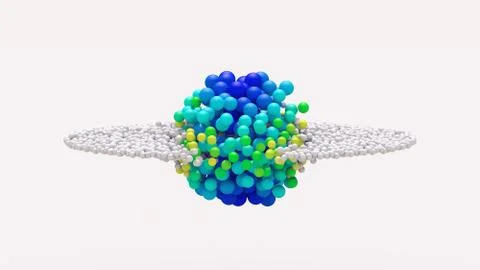 White particles morph into blue balls. Abstract illustration, 3d render. Illustrazione stock