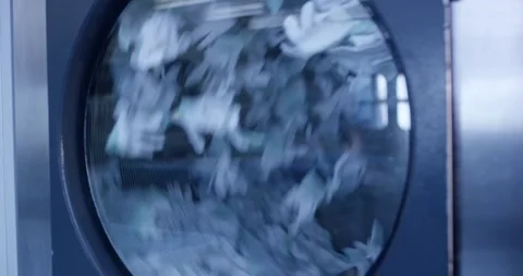 White Parts Tumbling Inside Rotating Industrial Drum, Round Window, Close Up Stock Footage 340363861
