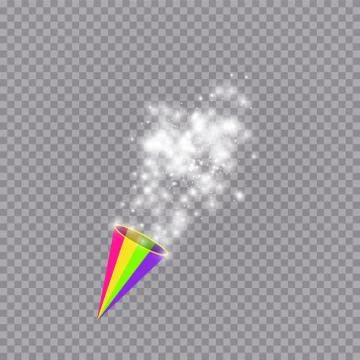 White party popper with exploding confetti particles isolated on transparent Stock Illustration