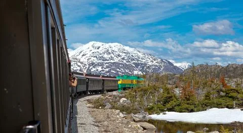 White Pass train passing by trees and snowy mountains Stock Photos