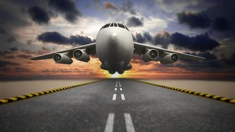 White passenger or cargo airplane taking off at sunset. 3D illustration Stock Illustration