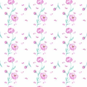 White pattern with watercolor peony Stock Illustration