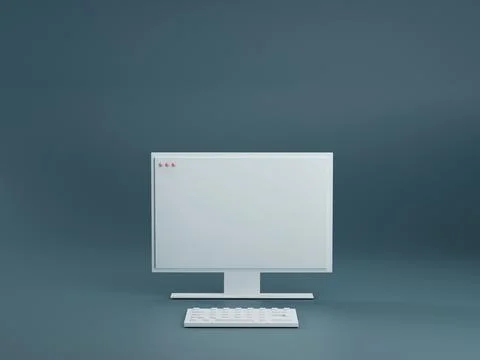WHite pc computer with keyboard on dark blue studio background. Technology Stock Illustration