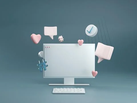 WHite pc computer with keyboard on dark blue studio background. Technology Stock Illustration