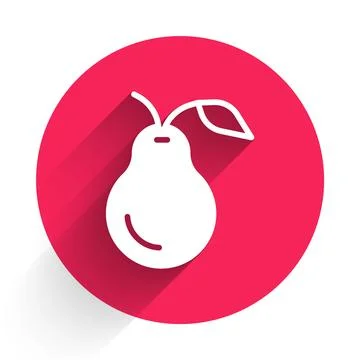 White Pear icon isolated with long shadow background. Fruit with leaf symbo.. 库存插图