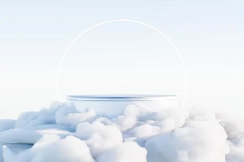 White pedestal for cosmetics in clouds. 3d render Illustrazione stock