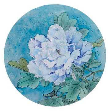 White peony on a blue background Stock Illustration