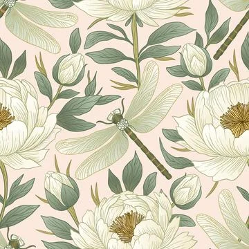 White Peony Dragonfly Seamless Pattern Vector Botanical Blooming Summer Flo.. Stock Illustration