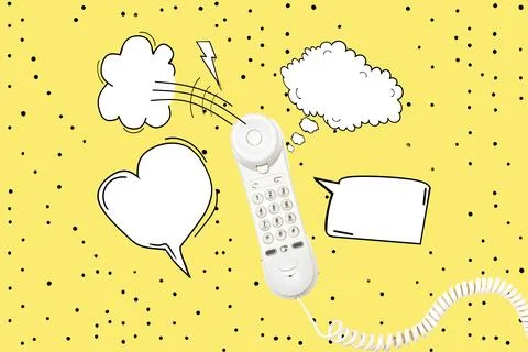 A white phone with blank speech bubbles on a yellow background with black dot Stock Illustration
