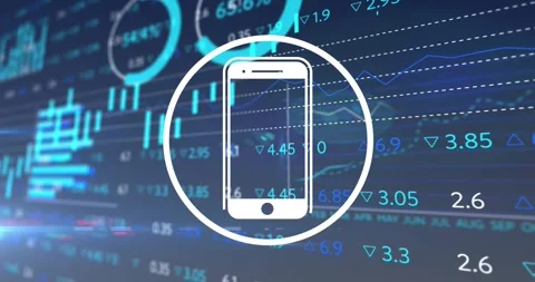 White phone icon staying centered, pulse starting, charts scrolling, bars Stock Footage 328584349