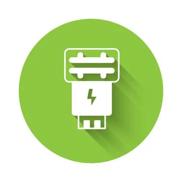 White Photo camera flash icon isolated with long shadow. Green circle button Illustrazione stock