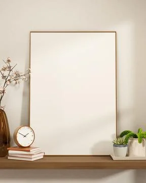 White photo drawing frame leaning against wall with clock and books aside p.. Stock Illustration