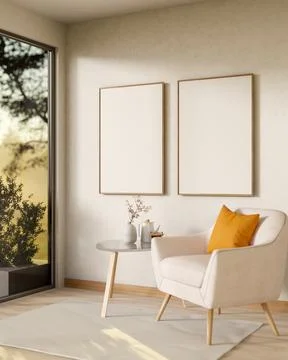 White photo drawing frame over sofa armchair with coffee and kettle on tabl.. Ilustração Stock