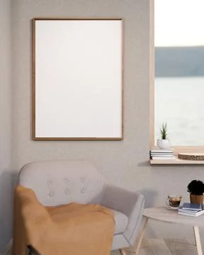 White photo drawing frame over sofa armchair with coffee and book on table .. Ilustração Stock