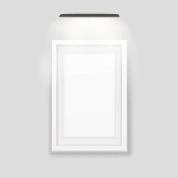 White photo frame backlit template. Realistic banner with black led lamp on top Stock Illustration