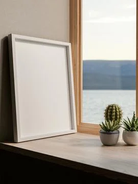 White photo frame an cactus pot on wooden table and river sea view through .. Stock Illustration
