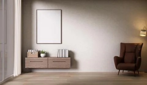 White photo frame over mounted storage cabinet and armchair on wooden parqu.. Stock-Illustration
