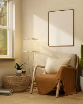White photo frame on wall over armchair and lamp on wooden parquet floor an.. Ilustração Stock