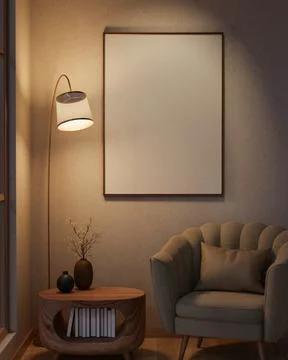 White photo frame on wall over wooden table and seashell fabric accent chai.. Ilustração Stock