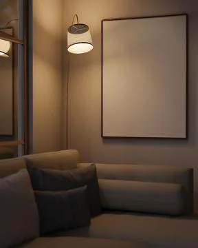 White photo frame on wall over sofa couch under warm light from a standing .. Ilustração Stock