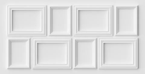 White photo or picture frames on the white wall with shadows Illustrazione stock
