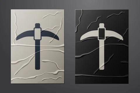 White Pickaxe icon isolated on crumpled paper background. Paper art style. .. Illustration