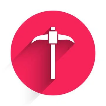 White Pickaxe icon isolated with long shadow. Red circle button. Vector Stock Illustration