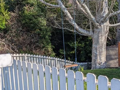 White picket fence frames tree with hanging swing chair over grass Stock Photos
