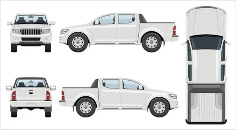 White pickup vector template. Vehicle branding mockup side, front, back top v Stock Illustration