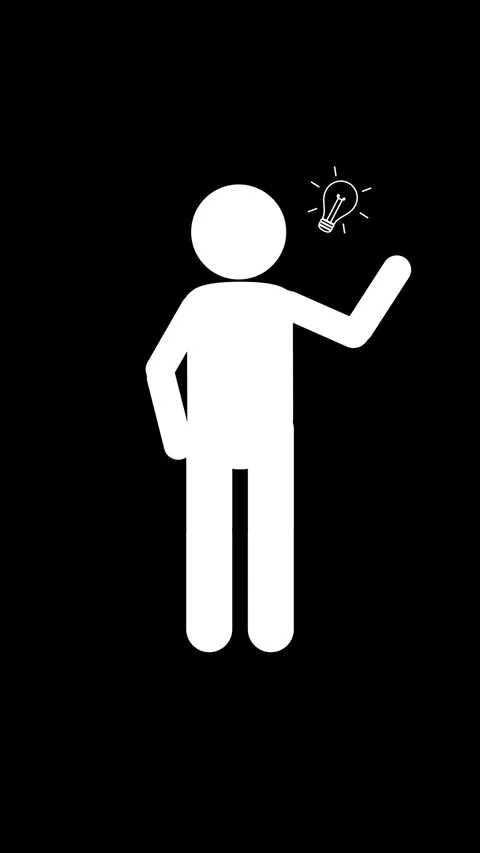 White Pictogram Man Thinking and Having a Bright Idea on Black Background Stock Footage 327781585