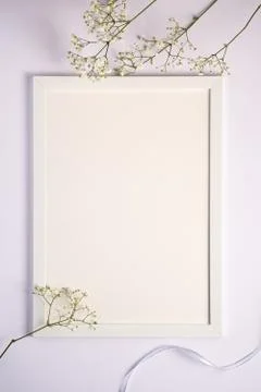 White picture frame with empty template, gypsophila flowers, mockup card Stock Photos
