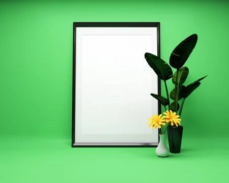 White picture frame on green background with plant Mock up. 3D rendering. Stock Illustration