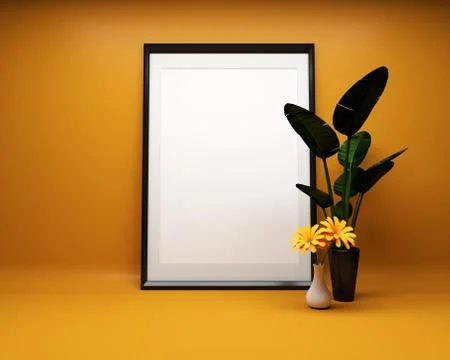 White picture frame on orange background with plant Mock up. 3D rendering Stock Illustration