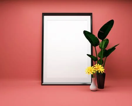 White picture frame on red background with plant Mock up. 3D renderin Stock Illustration