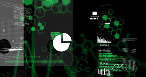 White pie chart icon animating on black canvas, showing green hexagon data Vídeos de archivo 309092307