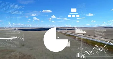 White pie chart icon floating in open farmland, with paved runway, graphs, Stock Photos