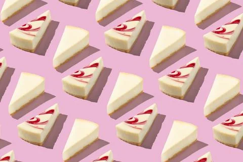 White piece slice cheesecake pattern on pink background isolated 스톡 사진