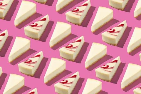 White piece slice cheesecake pattern on pink background isolated Stock Photos