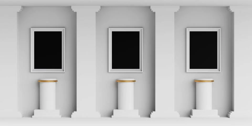 White Pillars and Columns with Blank Black Frames for Event Exhibition. 3d .. Stock Illustration