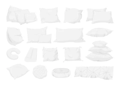 White pillow big set, flat cartoon cushion vector Stock Illustration