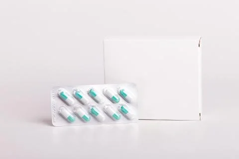 White pills box. Plastic bottles. Drugs box mock-up. Medical blank cardboard. Stock Illustration