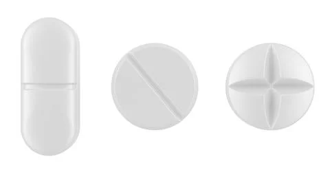 White pills, different types of tablets. 3D rendering Stock Illustration