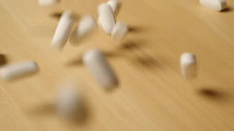 White pills falling on a wood table top in slow motion 動画素材 145995391