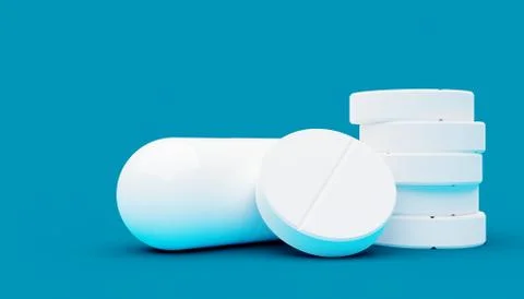 White pills or tablets and capsule on blue background, minimal pharmacy or me Stock Illustration